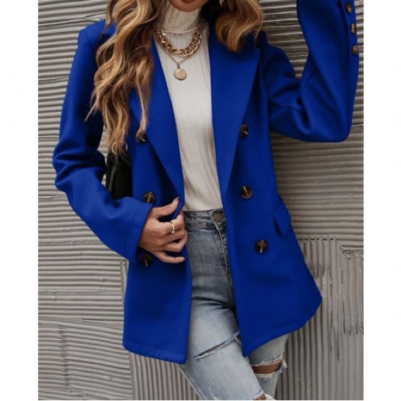 Classic Blue Double Breast Button Up Jacket Coat - Picture 2 of 15